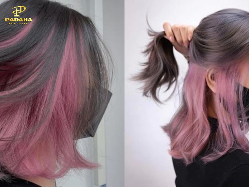 Tóc lob highlight hồng pastel